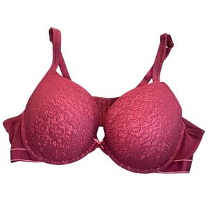 Cacique 44D Burgundy Lace Boost Plunge Bra Pink Lined Underwire Padded